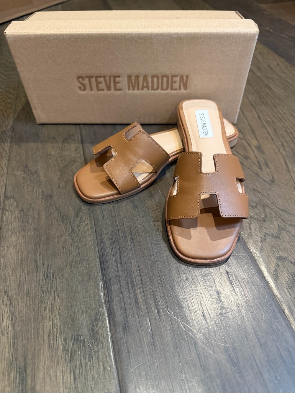 Tan Steve Madden Leather Slide Sandals